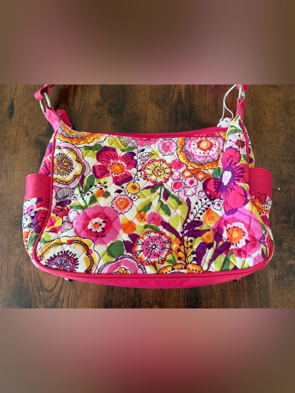 Vibrant Pink Floral Quilted Shoulder Bag Purse with Wallet - Picture 3 of 5